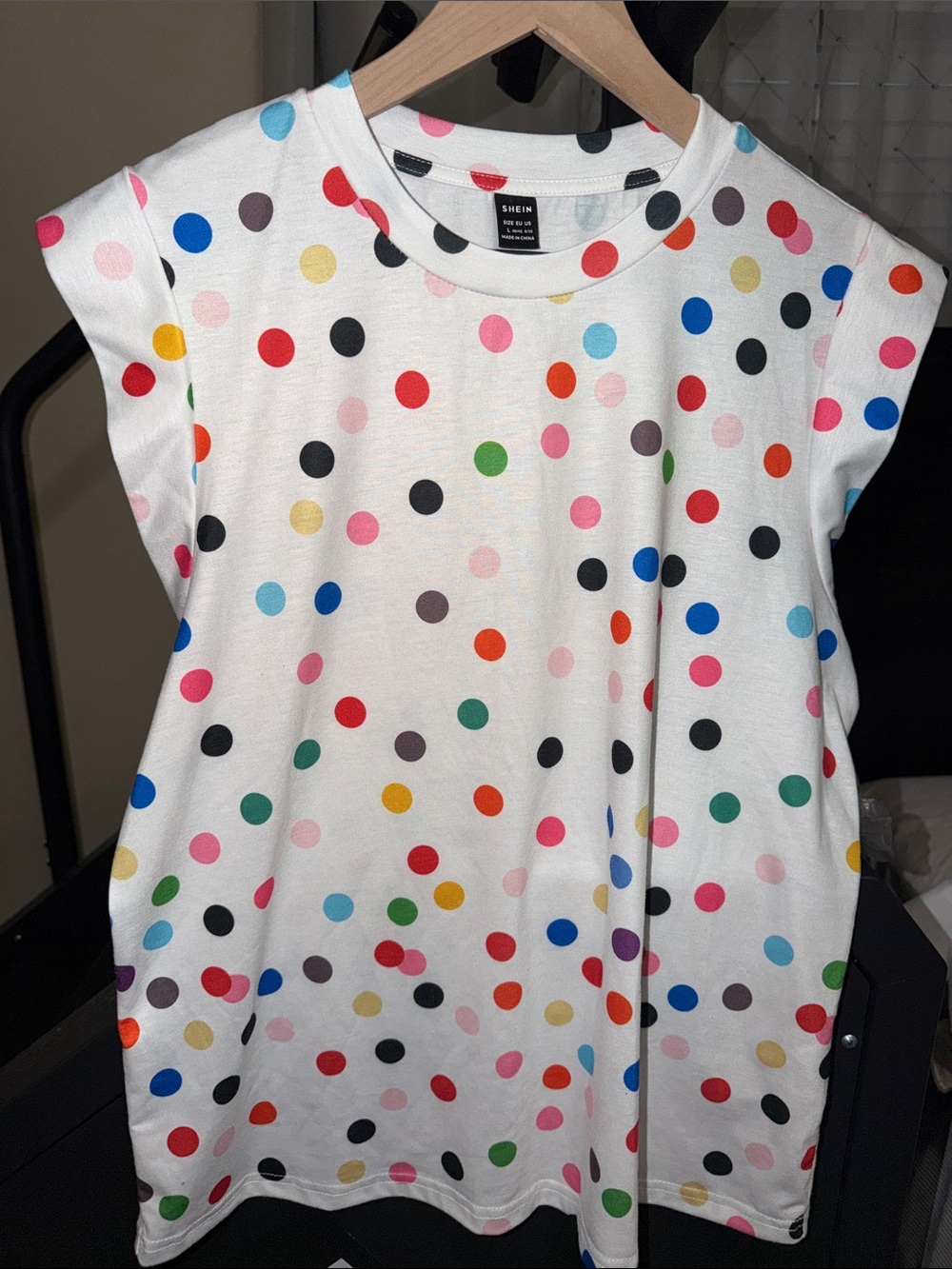 SHEIN White Short Sleeve Tee with Multicolor Polka Dots, L